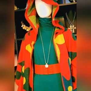 Vibrant Red and Green Hooded Poncho